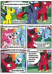 Size: 906x1280 | Tagged: safe, artist:king-shoutmon, pinkie pie, rainbow dash, oc, earth pony, pegasus, pony, comic, spanish