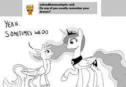 Size: 1280x888 | Tagged: safe, artist:sintakhra, gallus, princess luna, alicorn, pony, tumblr:studentsix, ask, monochrome, tumblr