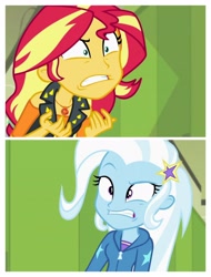 Size: 3106x4096 | Tagged: safe, derpibooru import, edit, edited screencap, screencap, sunset shimmer, trixie, better together, equestria girls, forgotten friendship