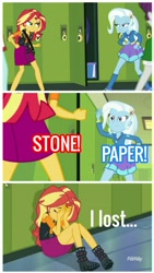 Size: 936x1658 | Tagged: safe, derpibooru import, edit, edited screencap, screencap, sunset shimmer, trixie, better together, equestria girls, forgotten friendship, comic, rock paper scissors, sad, screencap comic