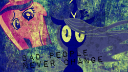 Size: 1366x768 | Tagged: safe, artist:alexstrazse, artist:andreasemiramis, artist:twilightanddashie, princess cadance, queen chrysalis, alicorn, changeling, changeling queen, pony, disguise, disguised changeling, fake cadance, grunge, quote, vector, wallpaper