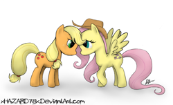 Size: 1096x665 | Tagged: safe, artist:xhazard78x, applejack, fluttershy, earth pony, pegasus, pony, accessory swap, appleshy, female, lesbian, shipping