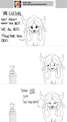 Size: 1280x2317 | Tagged: safe, artist:sintakhra, yona, yak, tumblr:studentsix, "best yak" trophy, award, monochrome, solo, trophy