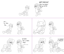 Size: 2564x2168 | Tagged: safe, artist:sintakhra, ocellus, pinkie pie, sandbar, earth pony, pony, tumblr:studentsix, ask, disguise, disguised changeling, exclamation point, interrobang, monochrome, pinkie being pinkie, question mark, rock, shapeshifting, tumblr, wat