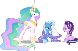 Size: 2915x1921 | Tagged: safe, artist:8-notes, artist:cheezedoodle96, artist:cloudyglow, artist:sketchmcreations, artist:tardifice, derpibooru import, edit, editor:slayerbvc, princess celestia, starlight glimmer, trixie, pony, unicorn, annoyed, cape, celestia is not amused, celestia's crown, clothes, concerned, confused, female, hat, hoof shoes, magic trick, mare, oops, out of trixie's hat, peytral, race swap, simple background, sitting, this will end in a trip to the moon, transparent background, trixie's cape, trixie's hat, unamused, unicorn celestia, vector, vector edit, wingless, wings