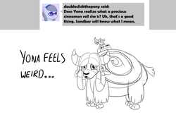 Size: 1280x936 | Tagged: safe, artist:sintakhra, yona, tumblr:studentsix, "best yak" trophy, award, cinnamon bun, food, monochrome, solo