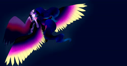 Size: 6541x3435 | Tagged: safe, artist:twigpony, princess luna, twilight sparkle, twilight sparkle (alicorn), alicorn, pony, colored wings, colored wingtips, female, large wings, lesbian, mare, shipping, spread wings, twiluna