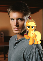 Size: 318x450 | Tagged: safe, artist:iron-ghos, applejack, human, dean winchester, irl, jensen ackles, photo, shoulder pony, supernatural