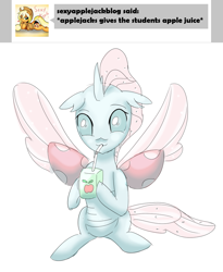 Size: 863x1053 | Tagged: safe, artist:sintakhra, ocellus, changedling, changeling, tumblr:studentsix, apple juice, cute, cuteling, diaocelles, happy, hoof hold, juice, juice box, simple background, sitting, solo, spread wings, straw, white background, wings