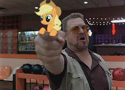 Size: 594x427 | Tagged: safe, applejack, earth pony, pony, applestare, female, mare, the big lebowski, walter sobchak