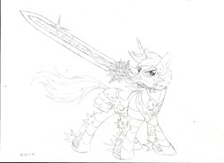 Size: 1024x745 | Tagged: safe, artist:stratus35, shining armor, pony, unicorn, armor, badass, pencil drawing, solo, sword, traditional art, weapon