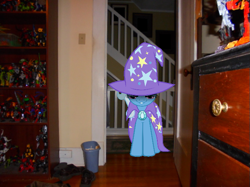 Size: 639x477 | Tagged: safe, artist:eli-j-brony, artist:outlaw4rc, derpibooru import, trixie, pony, unicorn, action figure, cape, clothes, door, dresser, female, irl, looking at you, mare, photo, ponies in real life, room, shoes, stairs, toy, trash can, trixie's glare, trixie's hat, vector