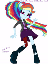 Size: 1536x2048 | Tagged: safe, artist:joshstacy, rainbow dash, equestria girls, alternate costumes, alternate hairstyle, alternate universe, boots, clothes, confident, cute, female, multicolored hair, ponytail, shoes, skirt, stockings, thigh highs