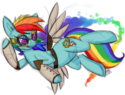 Size: 696x530 | Tagged: safe, artist:xnir0x, rainbow dash, earth pony, pony, alternate universe, flying, goggles, race swap, steampunk