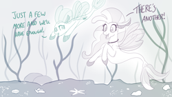 Size: 1152x648 | Tagged: safe, artist:sintakhra, ocellus, silverstream, changedling, changeling, seapony (g4), tumblr:studentsix, cute, diaocelles, diastreamies, disguise, disguised changeling, jewelry, kelp, monochrome, necklace, post-it, seaponified, seapony ocellus, seashell, seaweed, shells, simple background, species swap, speech bubble, starfish, swimming, tumblr, underwater, white background