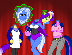 Size: 1000x765 | Tagged: safe, artist:notamotobug, derpibooru import, trixie, twilight sparkle, oc, oc:mystery, anthro, dullahan, unicorn, belly button, bowtie, breasts, cape, cleavage, clothes, curtains, detachable head, disembodied head, female, hand on hip, headless, headlight sparkle, magic, midriff, modular, stage, titsie, trio