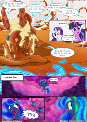 Size: 3500x4950 | Tagged: safe, artist:light262, artist:lummh, princess luna, rarity, twilight sparkle, twilight sparkle (alicorn), oc, oc:princess tempora, alicorn, changeling, pony, unicorn, comic:timey wimey, comic, dialogue, implied mane six, implied princess celestia, offscreen character, patreon, patreon logo