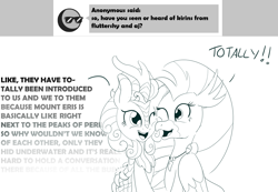 Size: 1280x888 | Tagged: safe, artist:sintakhra, autumn blaze, silverstream, classical hippogriff, hippogriff, kirin, tumblr:studentsix, sounds of silence, description is relevant, jewelry, lineart, looking at each other, monochrome, necklace, one eye closed, speech bubble, talkative, text, wall of text, wink