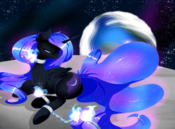 Size: 3500x2592 | Tagged: safe, artist:madacon, nightmare moon, princess luna, alicorn, pony, atg 2016, chained, chains, collar, color porn, earth, moon, newbie artist training grounds, plot, restraints, shackles, solo, space, stars, underhoof