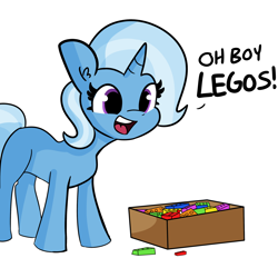 Size: 2250x2250 | Tagged: safe, artist:tjpones, derpibooru import, part of a set, trixie, pony, unicorn, cute, dialogue, diatrixes, female, lego, mare, missing cutie mark, pills, simple background, solo, white background