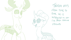 Size: 1152x648 | Tagged: safe, artist:sintakhra, ocellus, thorax, changedling, changeling, tumblr:studentsix, ask, cute, diaocelles, happy, king thorax, looking at each other, papa thorax, post-it, simple background, smiling, thorabetes, tumblr, white background