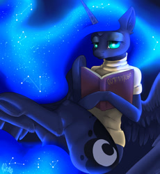 Size: 658x715 | Tagged: dead source, safe, artist:poisindoodles, princess luna, alicorn, pony, arm hooves, book, clothes, constellation, ear fluff, frog (hoof), looking at you, solo, starry mane, sweater, turtleneck, underhoof