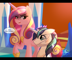 Size: 2642x2200 | Tagged: safe, artist:xwhitedreamsx, princess cadance, shining armor, alicorn, pony, unicorn, betrayal, captain america, captain hydra, cloth gag, evil cadance, floppy ears, frown, gag, hail hydra, marvel, open mouth, raised hoof, reference, sad, spoilers for another series, traitor
