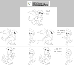 Size: 2564x2290 | Tagged: safe, artist:sintakhra, ocellus, smolder, dragon, hybrid, tumblr:studentsix, ..., clapping, disguise, disguised changeling, dragoness, dragriff, duo, female, grayscale, monochrome, post-it, simple background, white background