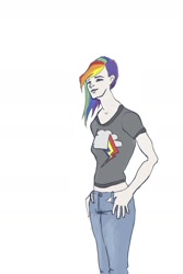 Size: 1024x1536 | Tagged: safe, artist:rebexi, rainbow dash, clothes, female, humanized, multicolored hair, simple background