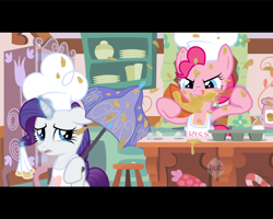 Size: 1280x1024 | Tagged: safe, artist:facelessjr, pinkie pie, rarity, earth pony, pony, unicorn, apron, baking, chef's hat, clothes, fake screencap, hat, hub logo, messy