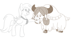 Size: 1110x598 | Tagged: safe, artist:sintakhra, derpy hooves, yona, pegasus, pony, yak, tumblr:studentsix, :p, ask, boop, bow, cloven hooves, derp, duo, female, hair bow, letter, mailbag, monkey swings, monochrome, silly, simple background, tongue out, tumblr, white background