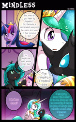 Size: 1500x2390 | Tagged: safe, artist:vavacung, princess cadance, princess celestia, queen chrysalis, twilight sparkle, twilight sparkle (alicorn), oc, alicorn, changeling, changeling queen, pony, comic:to love alicorn, comic, female, mare