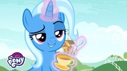 Size: 739x415 | Tagged: safe, derpibooru import, screencap, trixie, pony, unicorn, student counsel, blue coat, female, horn, mare, solo, two toned mane