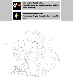 Size: 1152x1234 | Tagged: safe, artist:sintakhra, smolder, spike, dragon, tumblr:studentsix, ask, blushing, female, implied spolder, male, monochrome, reupload, shipping, spolder, straight, tumblr, winged spike