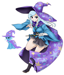 Size: 1024x1205 | Tagged: safe, artist:magico-enma, derpibooru import, trixie, human, cape, clothes, eyeshadow, female, hat, human ponidox, humanized, light skin, looking at you, makeup, simple background, skirt, smiling, solo, transparent background, trixie's cape, trixie's hat, wand