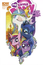 Size: 1186x1800 | Tagged: safe, artist:andypriceart, idw, princess cadance, princess celestia, princess luna, twilight sparkle, twilight sparkle (alicorn), alicorn, pony, siege of the crystal empire, alicorn tetrarchy, bedroom eyes, cover, eyes closed, eyeshadow, female, flower, makeup, mare, smiling