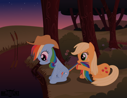 Size: 990x765 | Tagged: safe, artist:rangelost, applejack, rainbow dash, earth pony, pegasus, pony, accessory swap, alternate hairstyle, appledash, blushing, female, lesbian, loose hair, mouth hold, night, shipping, tail bite, tree