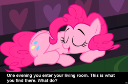 Size: 1024x672 | Tagged: safe, pinkie pie, earth pony, pony, caption, cs captions, female, mare, sleeping, solo