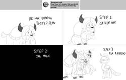 Size: 2564x1646 | Tagged: safe, artist:sintakhra, ocellus, yona, changedling, changeling, yak, tumblr:studentsix, "best yak" trophy, ask, loose hair, messy hair, monochrome, post-it, tumblr