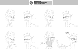 Size: 2564x1616 | Tagged: safe, artist:sintakhra, gallus, smolder, dragon, griffon, tumblr:studentsix, ask, chuckle, monochrome, tail flick, tumblr