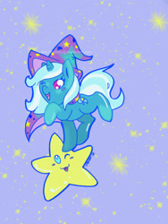 Size: 900x1200 | Tagged: safe, artist:ask-molestia, derpibooru import, trixie, pony, unicorn, cute, female, happy, mare, open mouth, raised hoof, raised leg, smiling, solo, stars, tangible heavenly object, wink