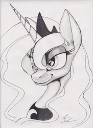 Size: 1701x2338 | Tagged: safe, artist:scribblepwn3, princess luna, alicorn, pony, bust, grayscale, ink, monochrome, pen drawing, portrait, simple background, smiling, solo, traditional art