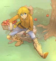 Size: 1250x1371 | Tagged: safe, artist:stupidyou3, applejack, humanized, looking up, perspective, sitting, solo, steampunk, steampunk is magic