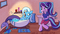 Size: 1920x1080 | Tagged: safe, artist:an_anon_artist, derpibooru import, starlight glimmer, trixie, anthro, mermaid, unguligrade anthro, bath, bathtub, bubble, bubble bath, claw foot bathtub, mermaidized, mermay, potion, species swap, transformation