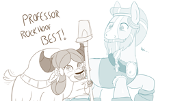 Size: 1137x673 | Tagged: safe, artist:sintakhra, rockhoof, yona, earth pony, pony, yak, tumblr:studentsix, beard, bow, clothes, cloven hooves, duo, facial hair, female, hair bow, hoof hold, looking at each other, male, monkey swings, moustache, rockhoof's shovel, shovel, simple background, smiling, stallion, white background