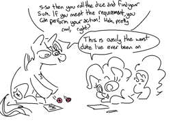 Size: 932x684 | Tagged: safe, artist:nobody, pinkie pie, shining armor, earth pony, pony, unicorn, date, dialogue, dungeons and dragons, female, male, monochrome, shiningpie, shipping, sketch, straight, tabletop game