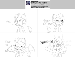Size: 2334x1780 | Tagged: safe, artist:sintakhra, ocellus, smolder, changedling, changeling, tumblr:studentsix, ask, disguise, disguised changeling, lineart, monochrome, tumblr
