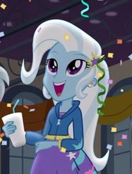 Size: 240x315 | Tagged: safe, derpibooru import, screencap, trixie, equestria girls, friendship games, confetti, drink, female, open mouth, smiling