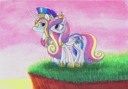 Size: 2989x2087 | Tagged: safe, artist:dawnmistpony, princess cadance, shining armor, alicorn, pony, unicorn, cliff, royal guard armor