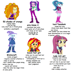 Size: 720x720 | Tagged: safe, derpibooru import, adagio dazzle, aria blaze, sonata dusk, sour sweet, sunset shimmer, trixie, equestria girls, adagio the cutthroat, bacon hair, cute, cutthroat, food, meme, shimmerbetes, slit throat gesture, smiling, tag yourself, the dazzlings, tumblr, vulgar